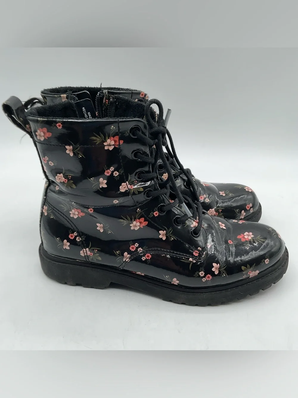 H&M Floral Patent Combat Boots Size 4 Black Lace Up Side Zip